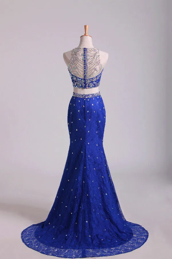 2024 Two-Piece Scoop Mermaid Prom Dresses With Beading Lace Dark P439BZHQ