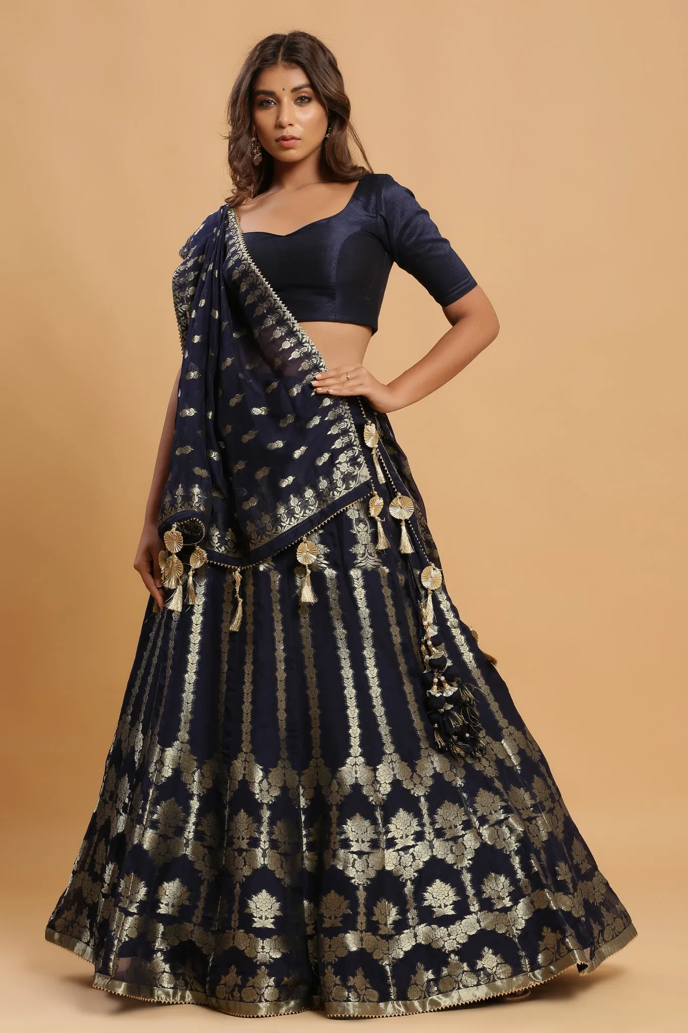 30Z224C-RO  Navy Lehenga Set With Zari Embroidery