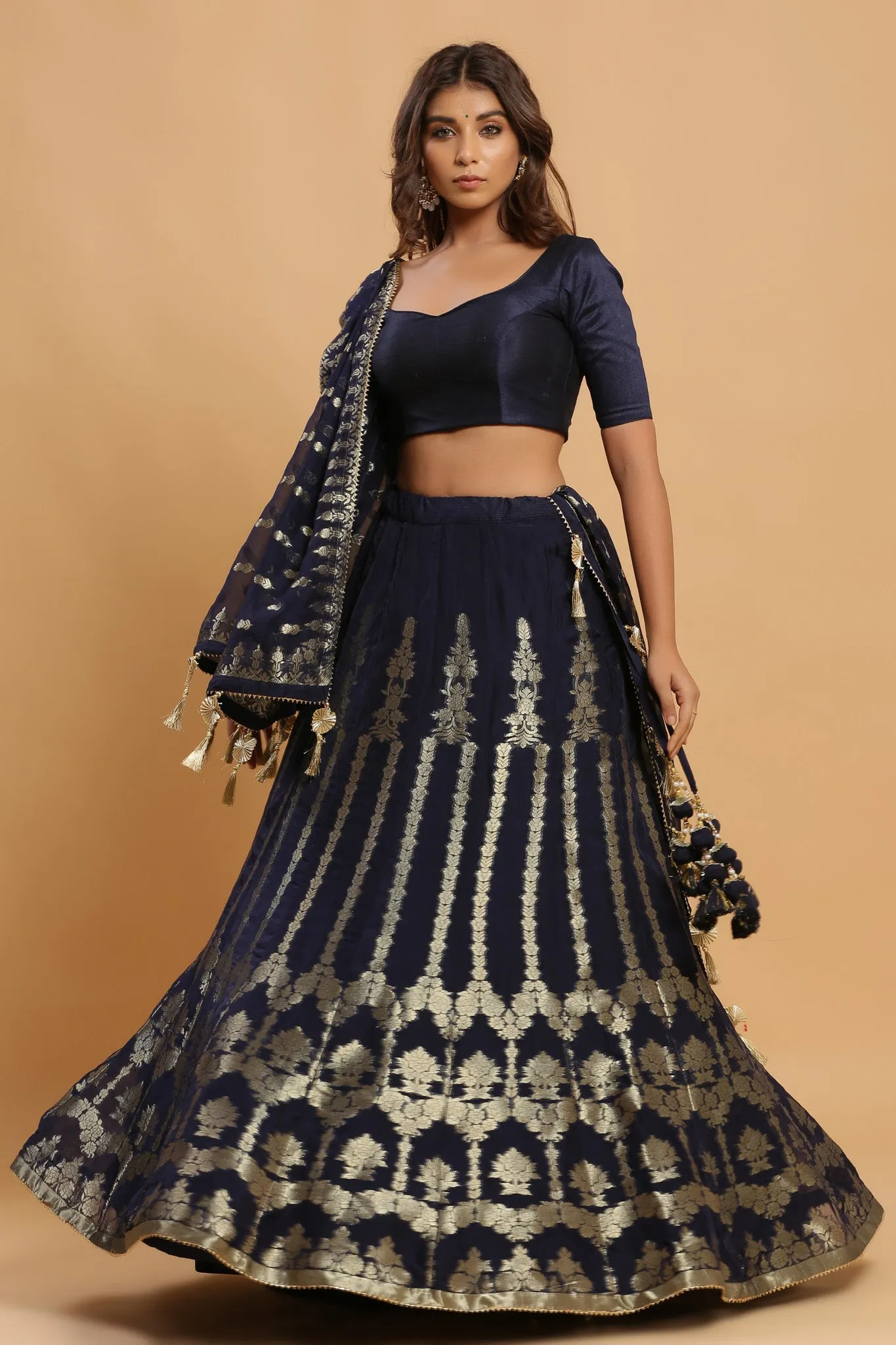 30Z224C-RO  Navy Lehenga Set With Zari Embroidery