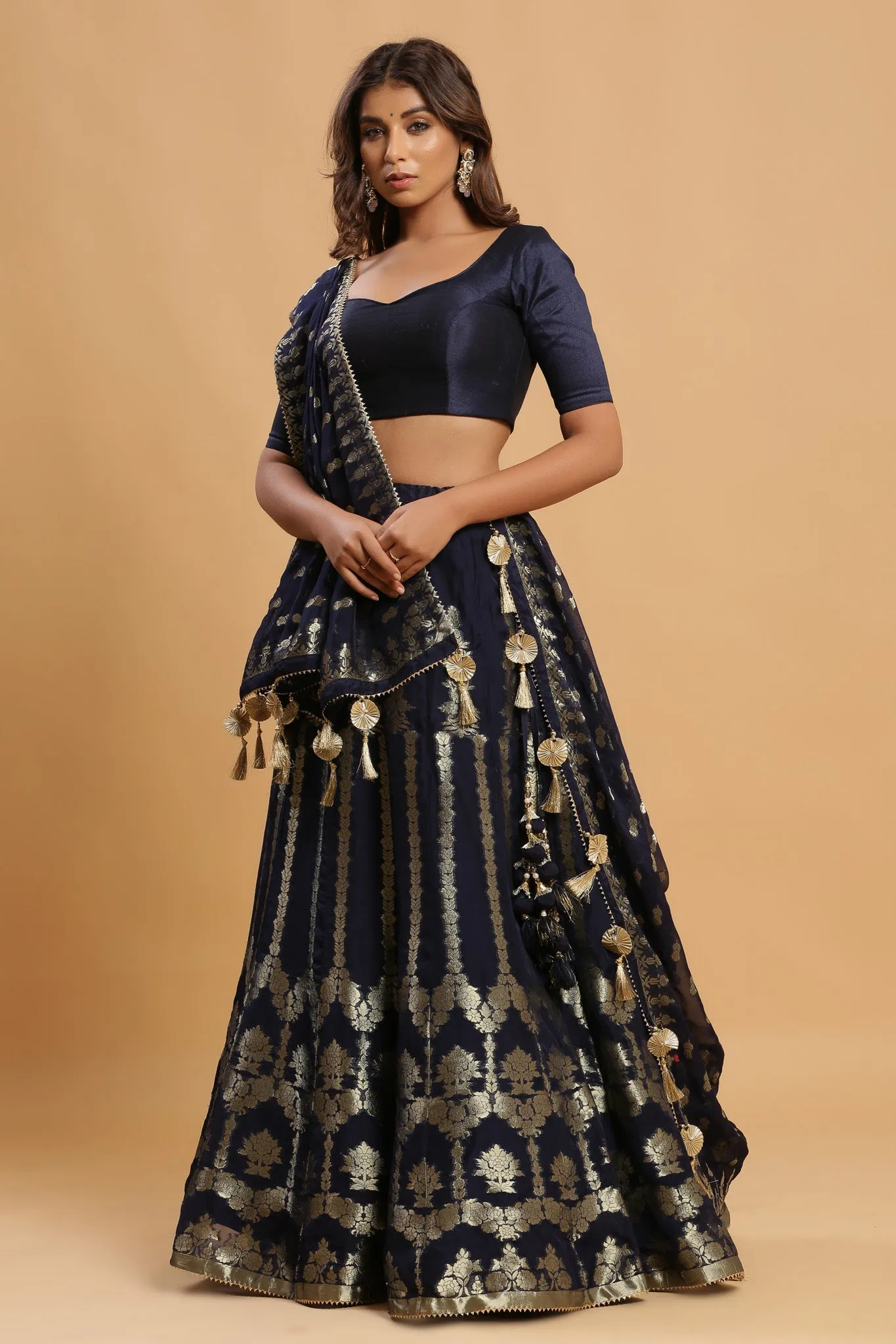 30Z224C-RO  Navy Lehenga Set With Zari Embroidery