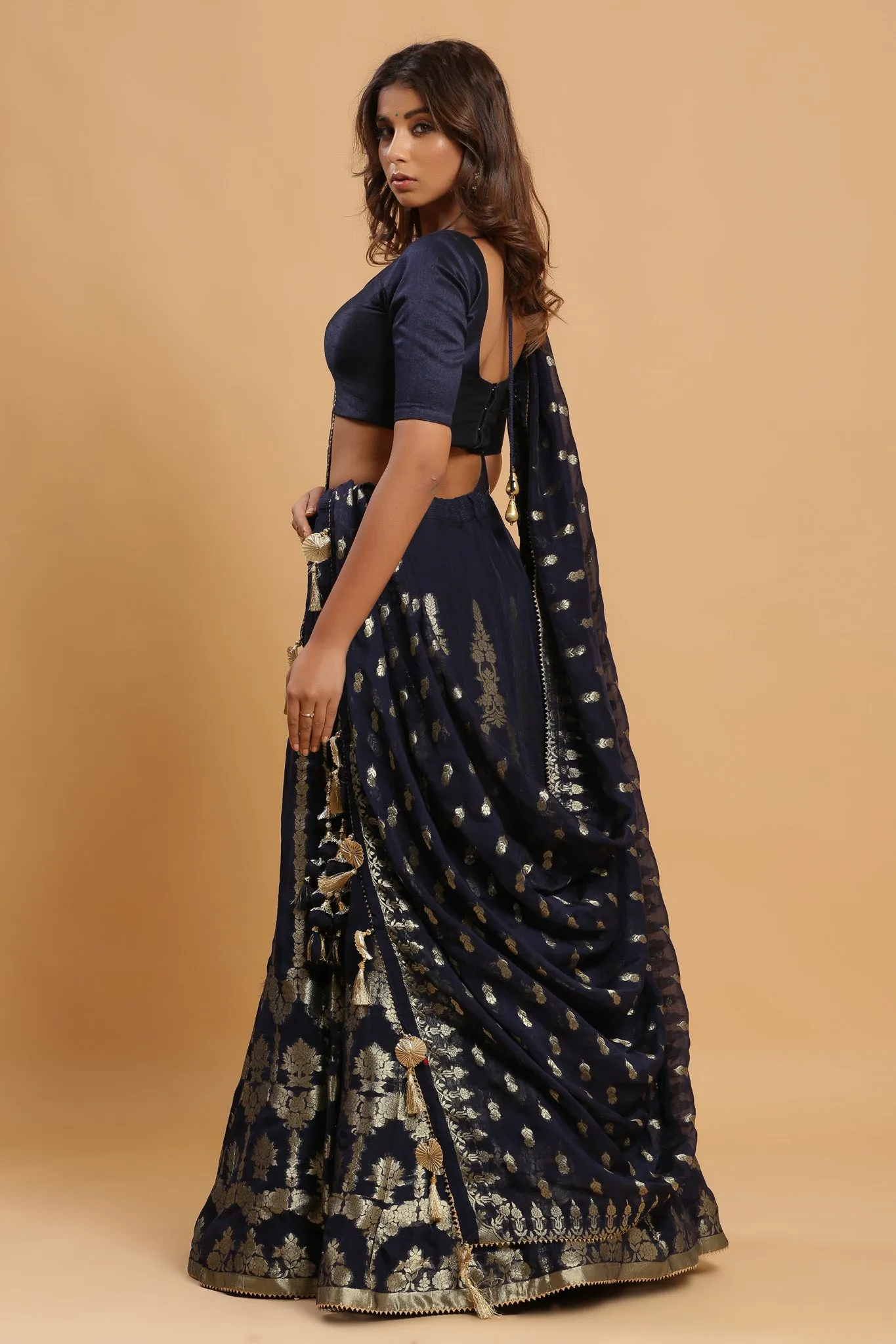 30Z224C-RO  Navy Lehenga Set With Zari Embroidery