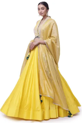 30Z325-RO Yellow Tussar Silk Embroidered Lehenga with Organza Dupatta