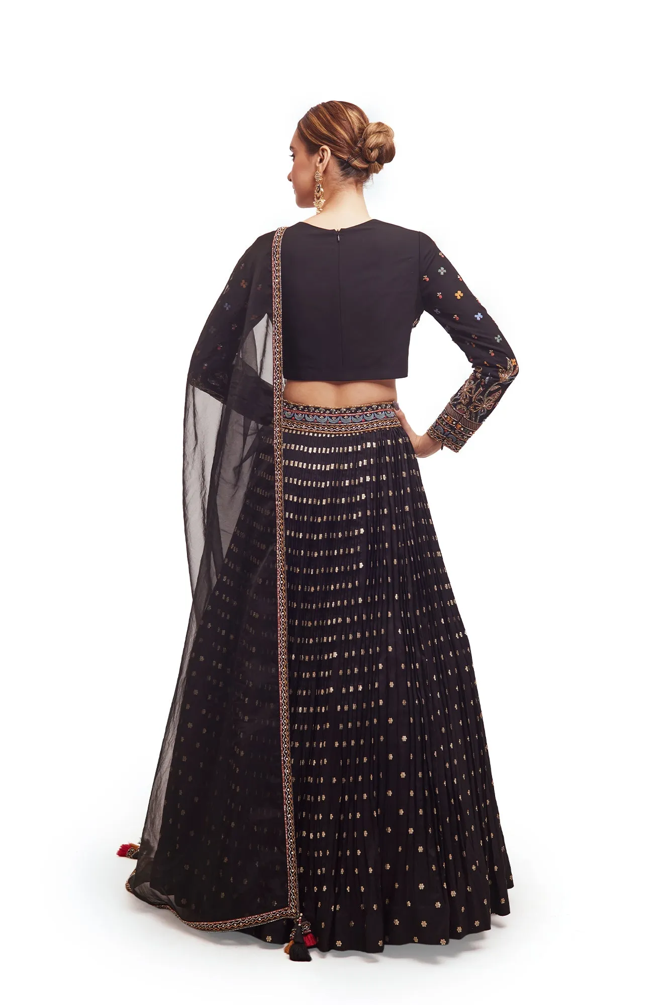 30Z329-RO Black Raw Silk Lehenga with Multicolor Embroidery