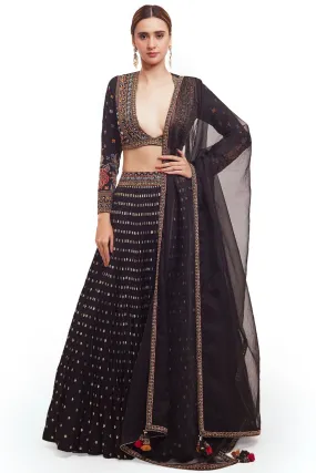 30Z329-RO Black Raw Silk Lehenga with Multicolor Embroidery