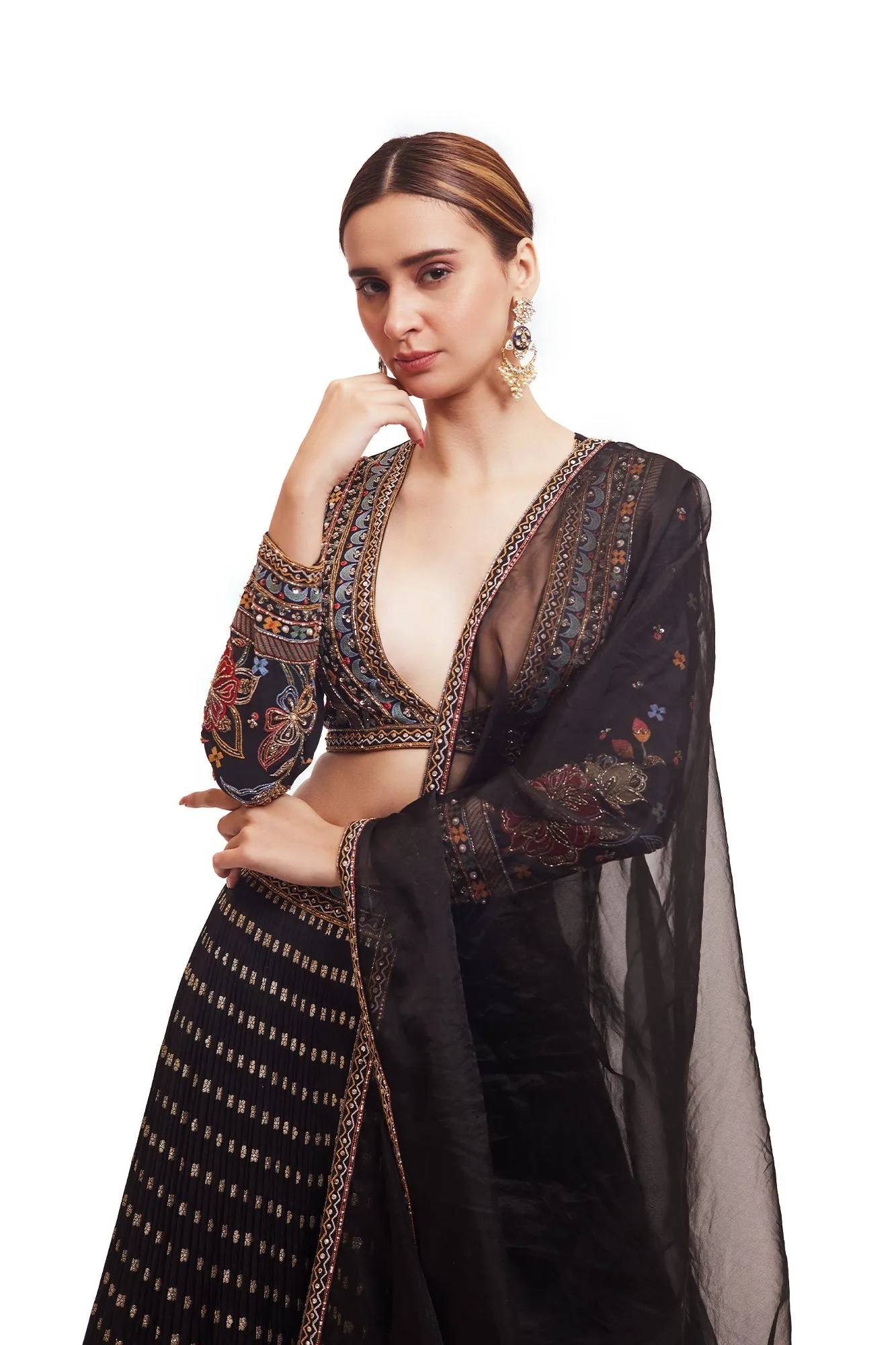 30Z329-RO Black Raw Silk Lehenga with Multicolor Embroidery