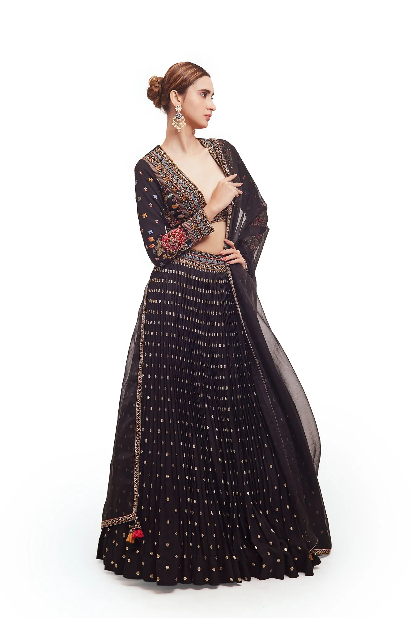 30Z329-RO Black Raw Silk Lehenga with Multicolor Embroidery