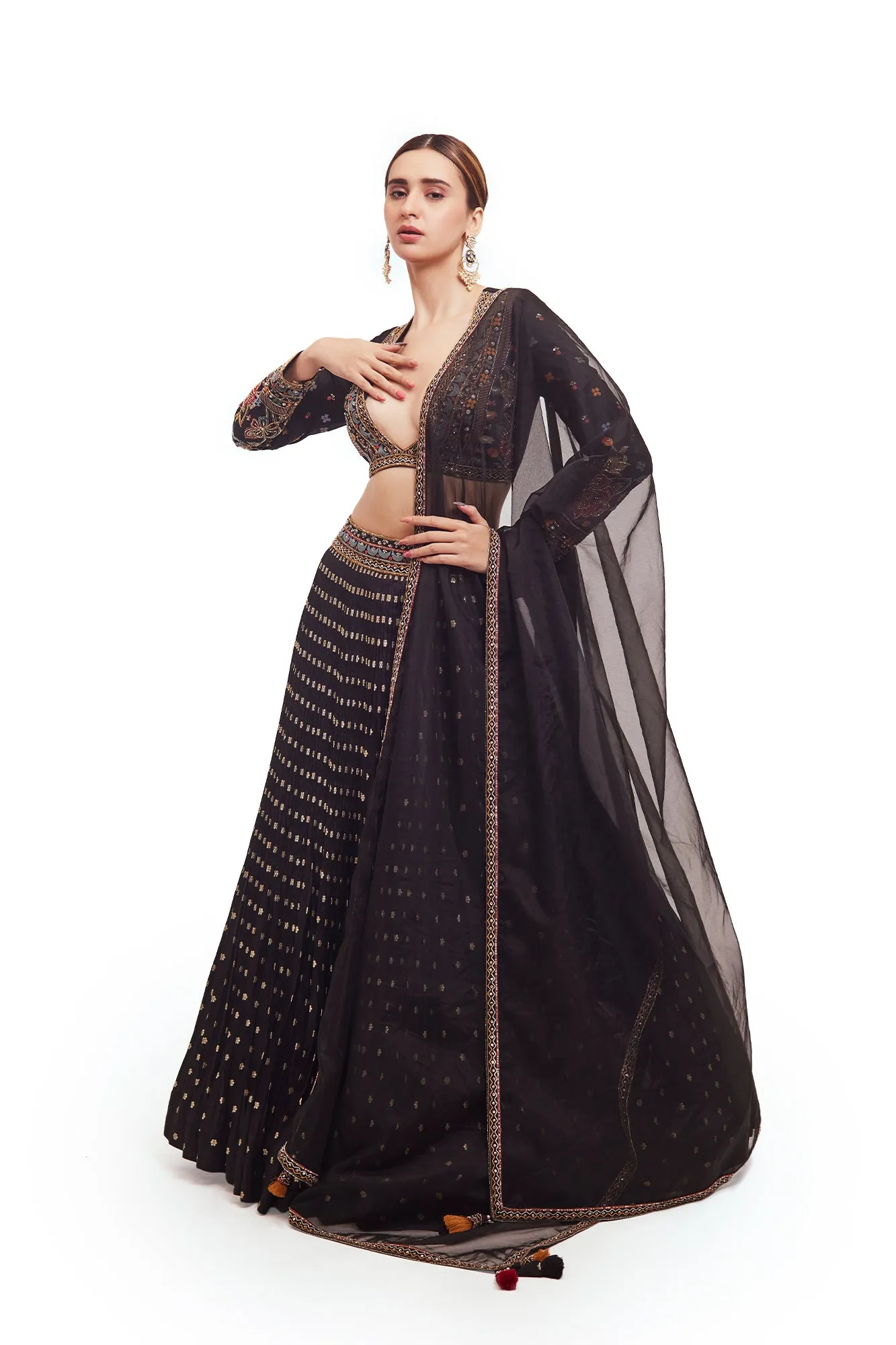 30Z329-RO Black Raw Silk Lehenga with Multicolor Embroidery