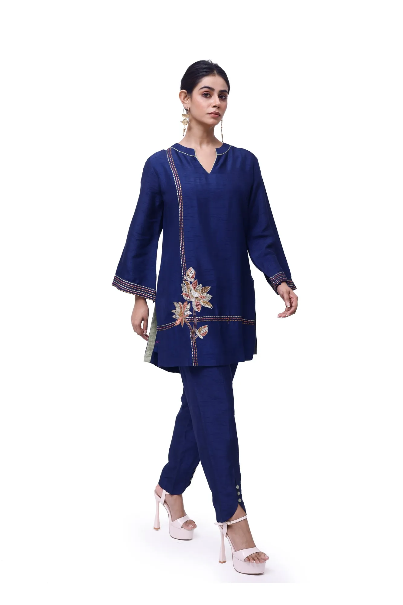 50Z924-RO Navy Blue Mysore Silk Pant Set