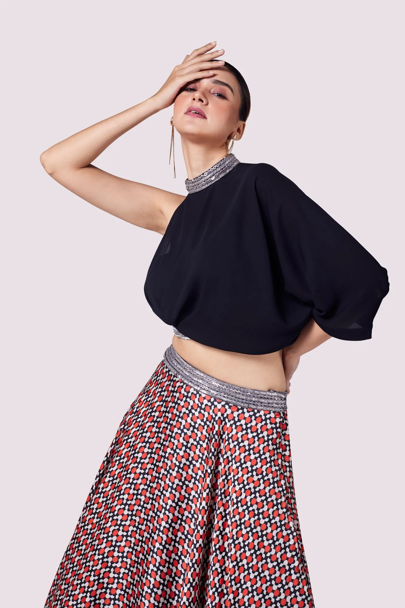 51Z047-RO Black One Shoulder Top With Multicolor Skirt