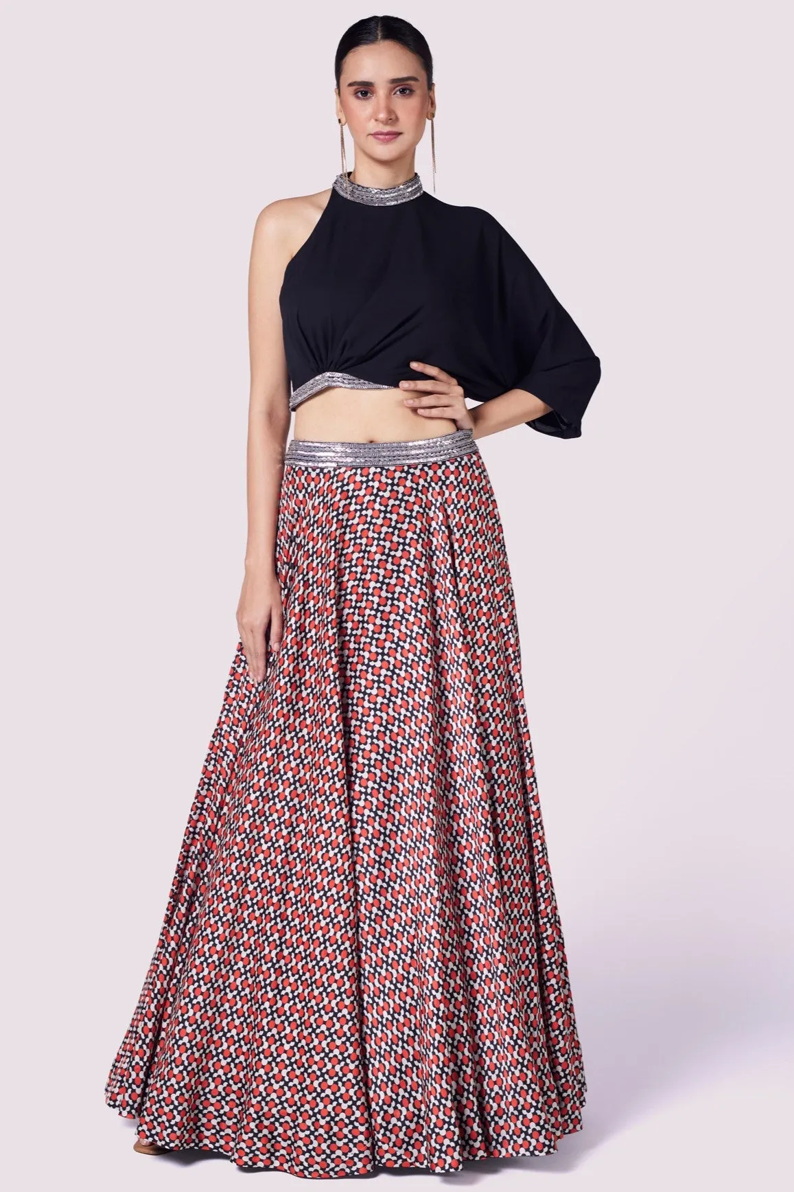 51Z047-RO Black One Shoulder Top With Multicolor Skirt