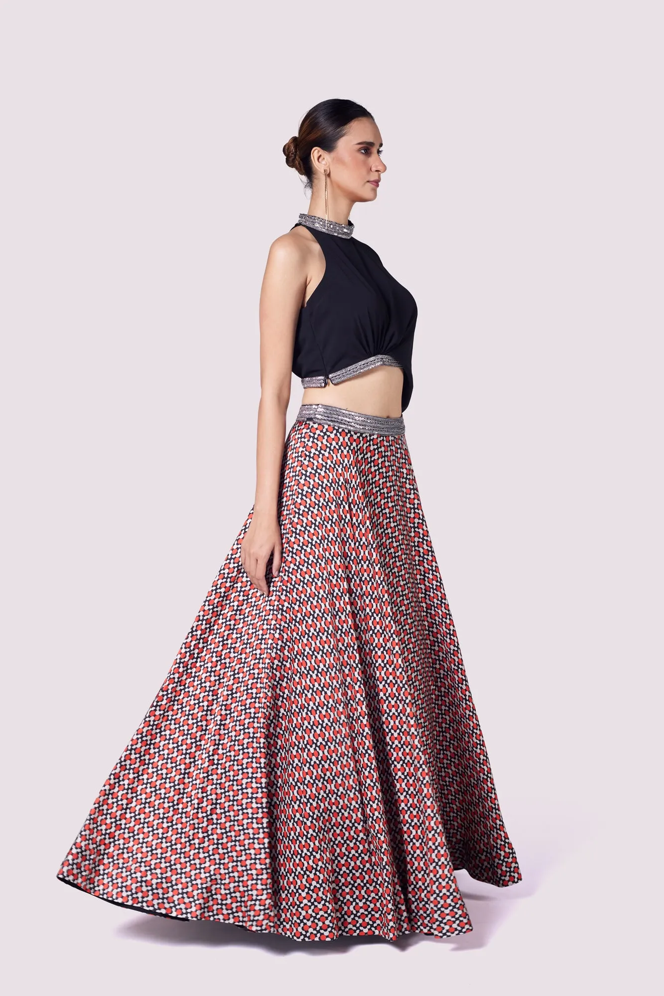 51Z047-RO Black One Shoulder Top With Multicolor Skirt