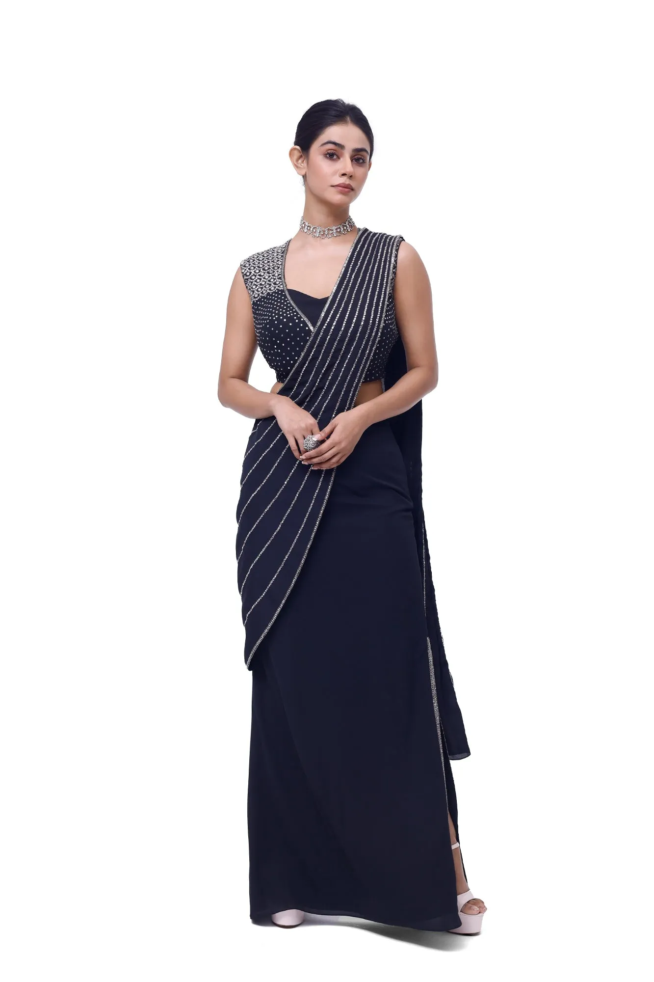 90Y006-RO Navy Blue Side Slit Draped Georgette Saree