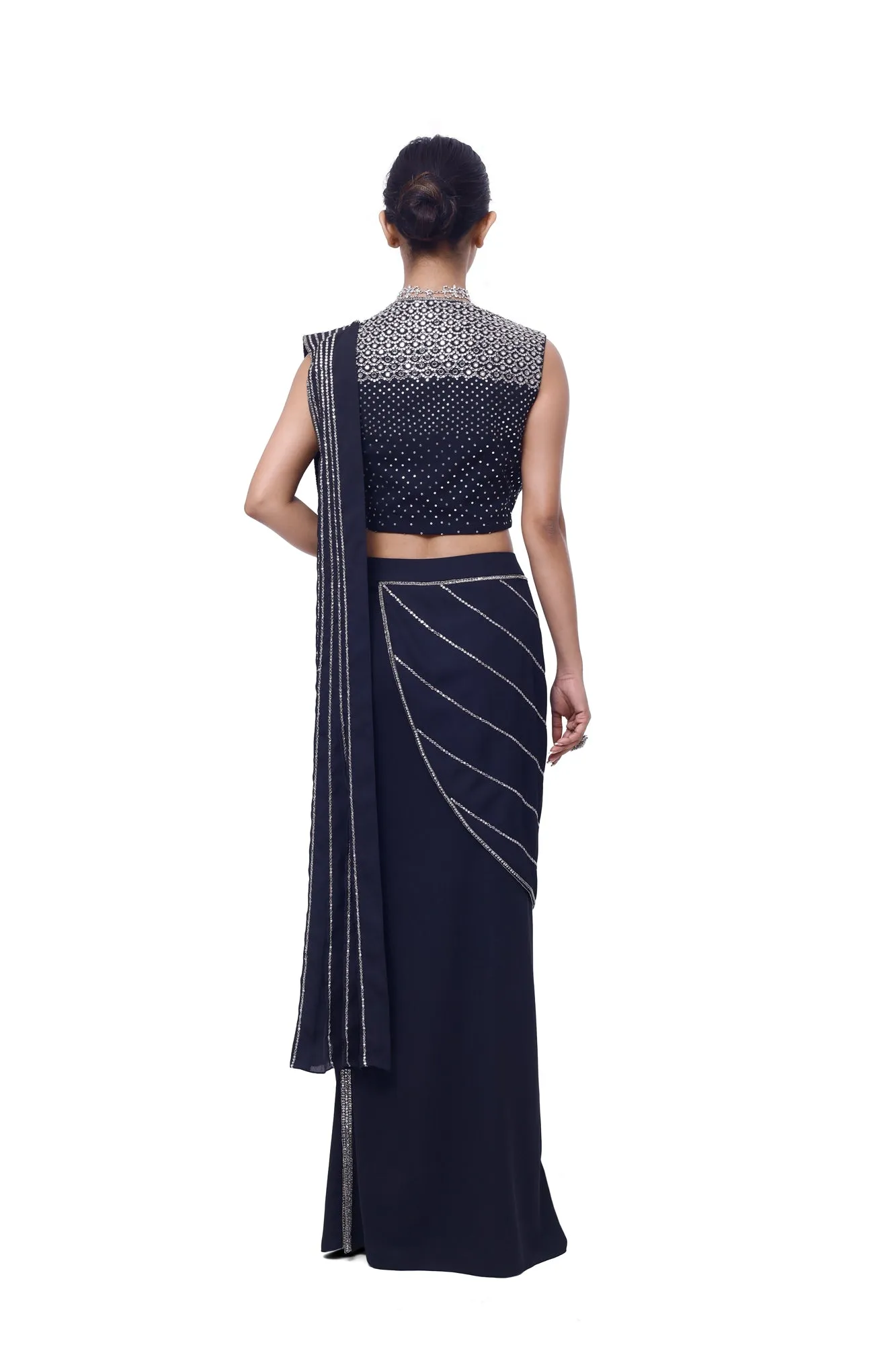 90Y006-RO Navy Blue Side Slit Draped Georgette Saree