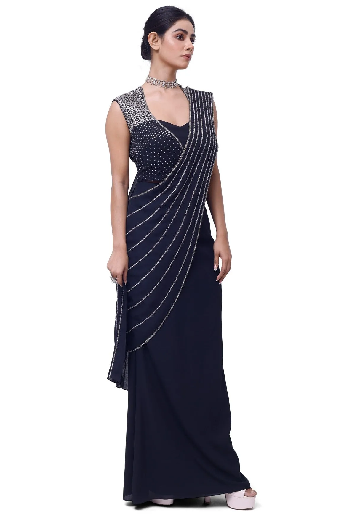 90Y006-RO Navy Blue Side Slit Draped Georgette Saree