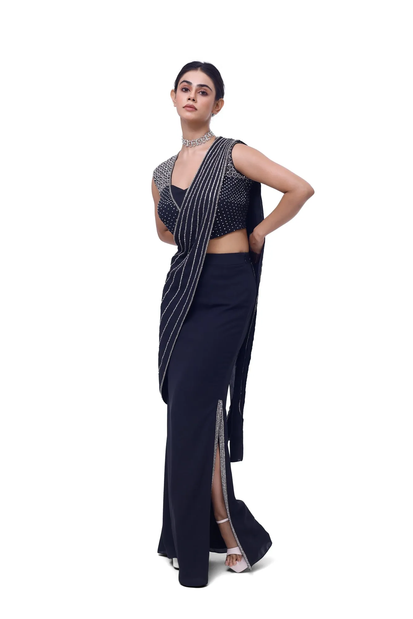 90Y006-RO Navy Blue Side Slit Draped Georgette Saree