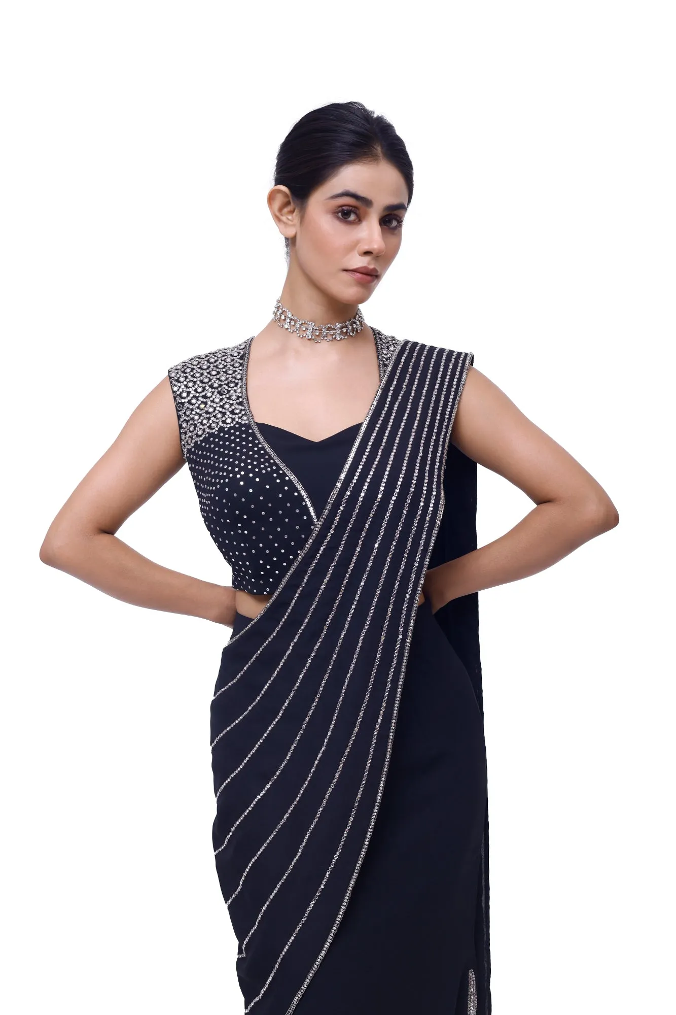 90Y006-RO Navy Blue Side Slit Draped Georgette Saree