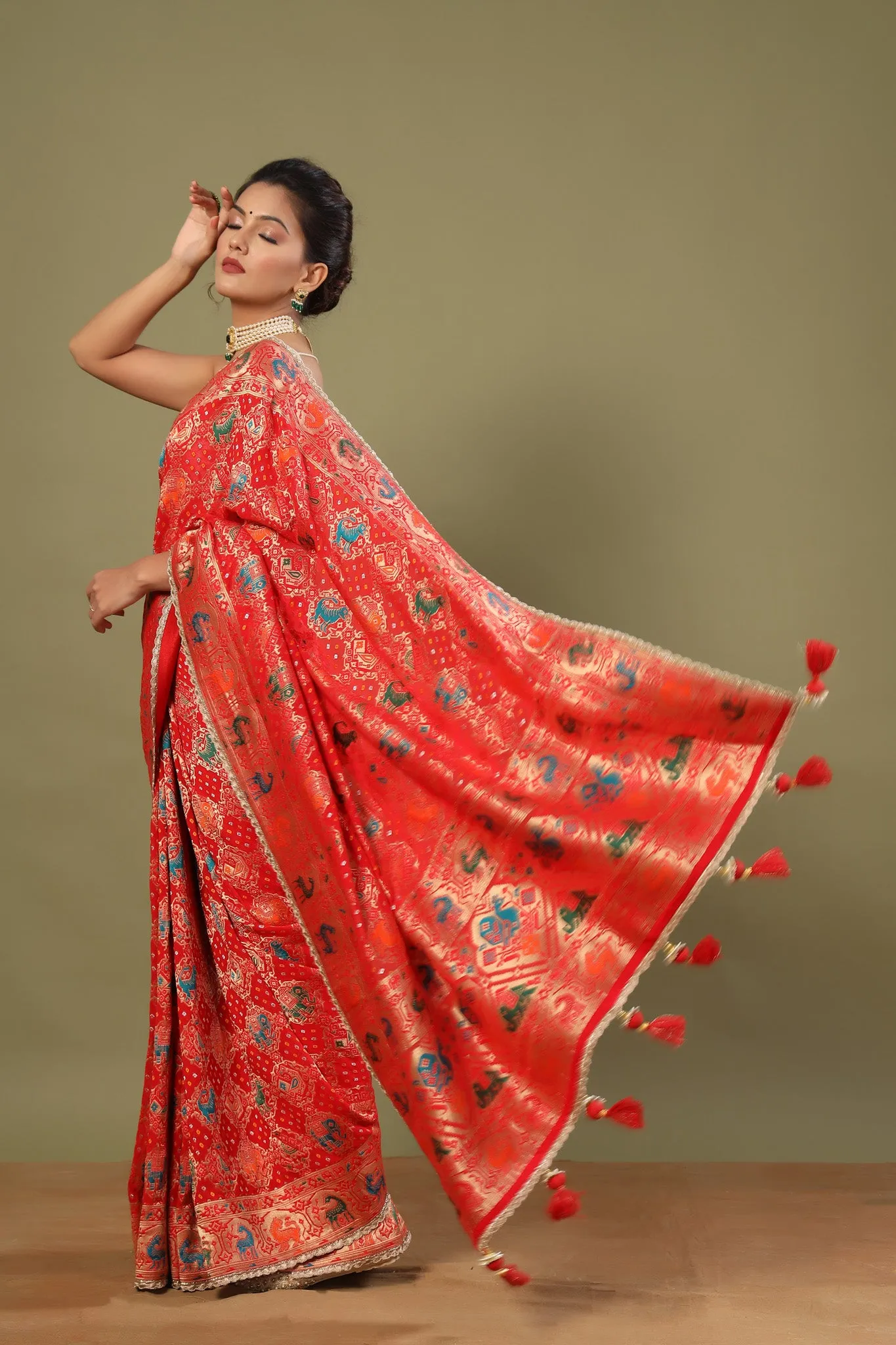 90Z496-RO Red Patola Silk Saree with Golden Scalloped Lace