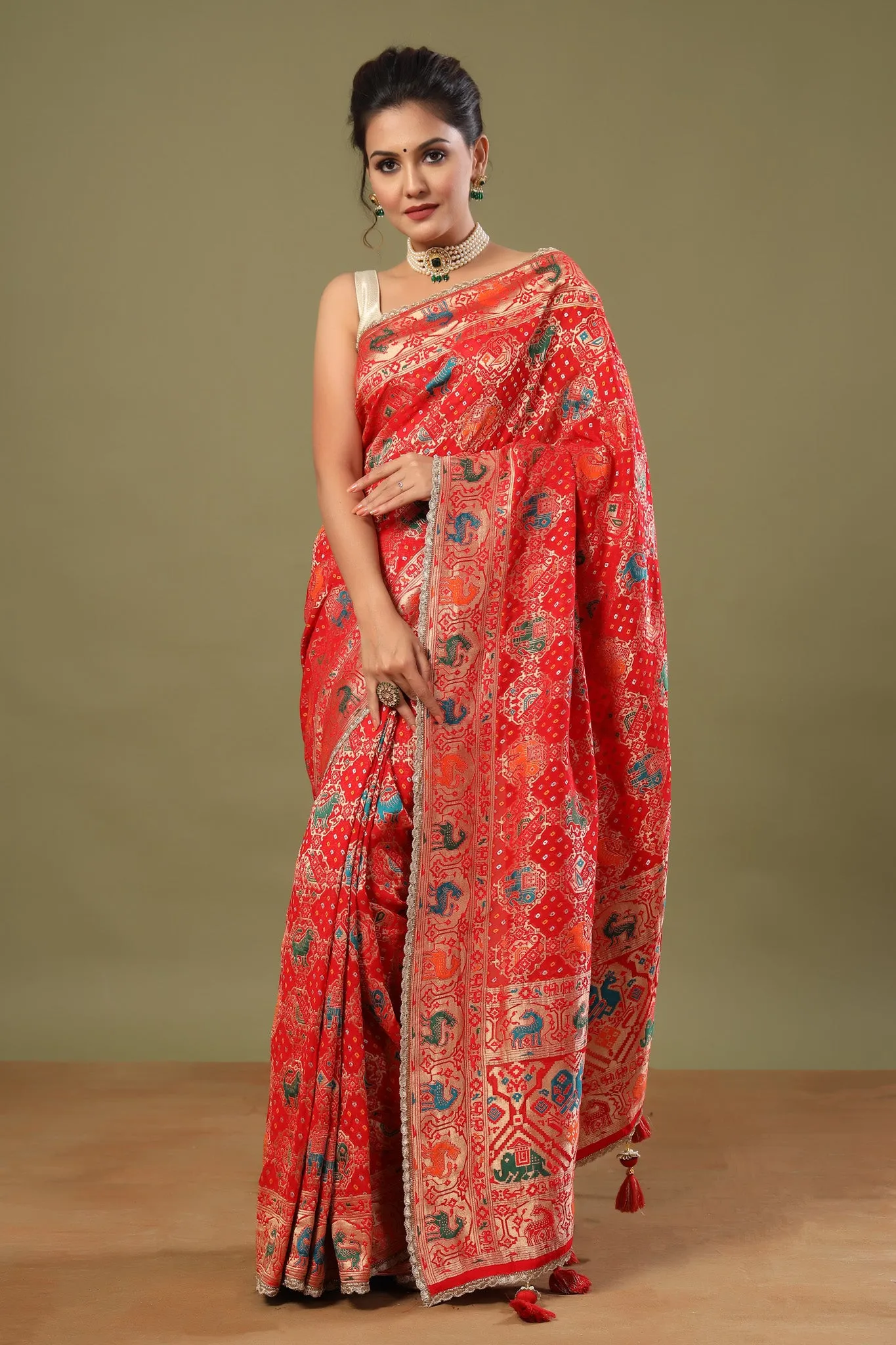 90Z496-RO Red Patola Silk Saree with Golden Scalloped Lace