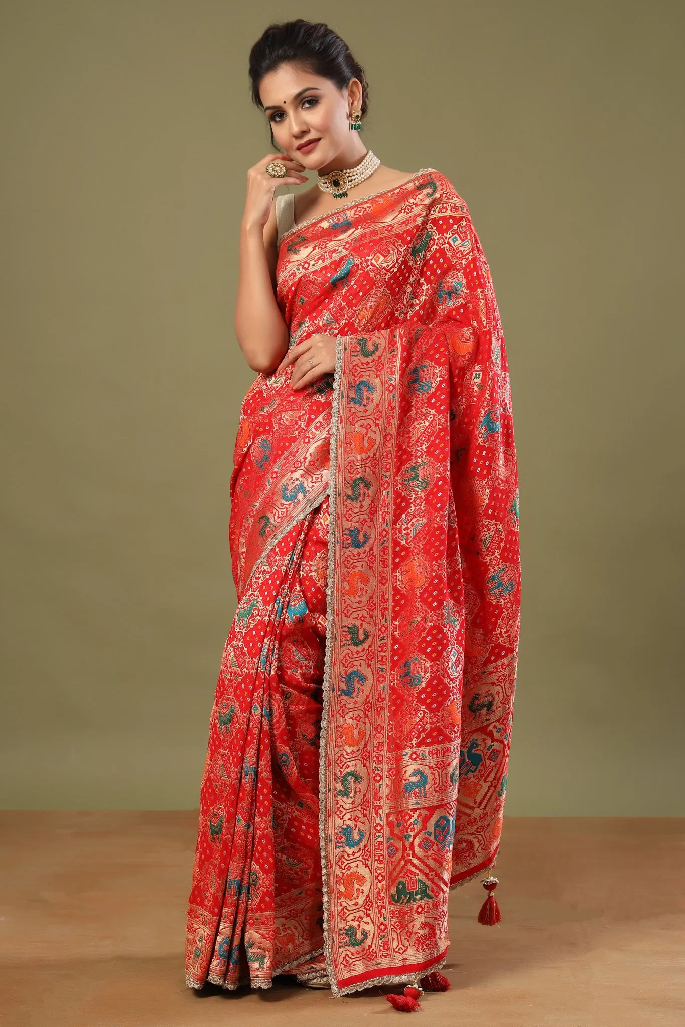 90Z496-RO Red Patola Silk Saree with Golden Scalloped Lace