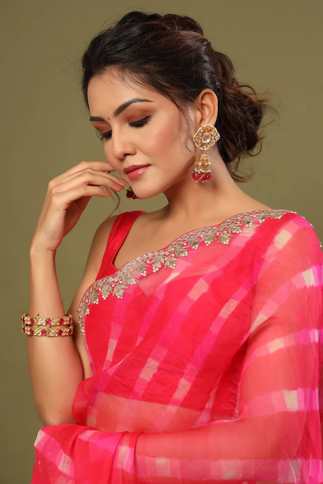 90Z529-RO Rani Pink Organza Silk Saree with Scalloped Border