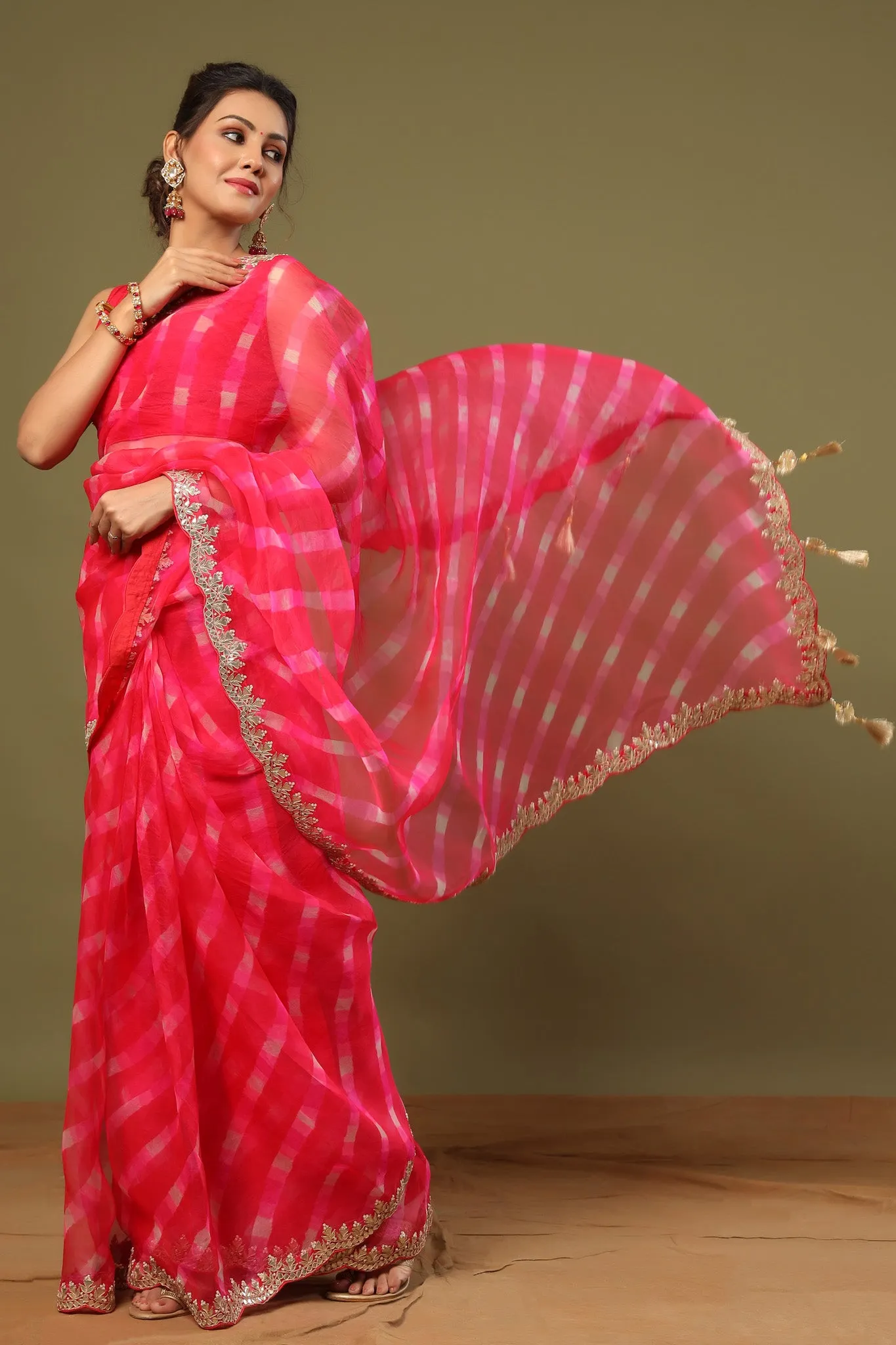 90Z529-RO Rani Pink Organza Silk Saree with Scalloped Border