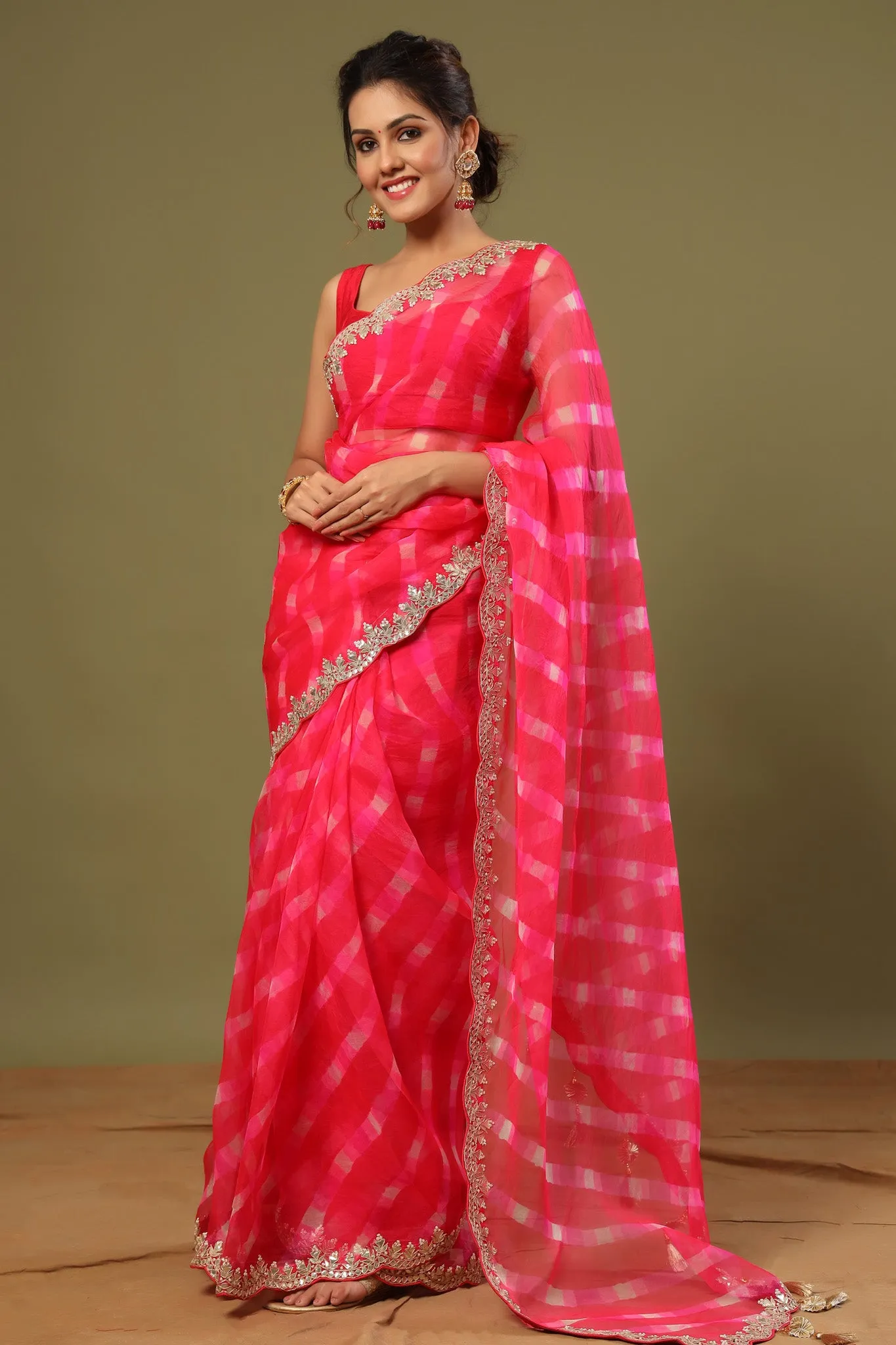 90Z529-RO Rani Pink Organza Silk Saree with Scalloped Border