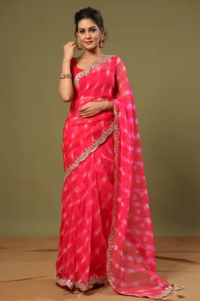 90Z529-RO Rani Pink Organza Silk Saree with Scalloped Border