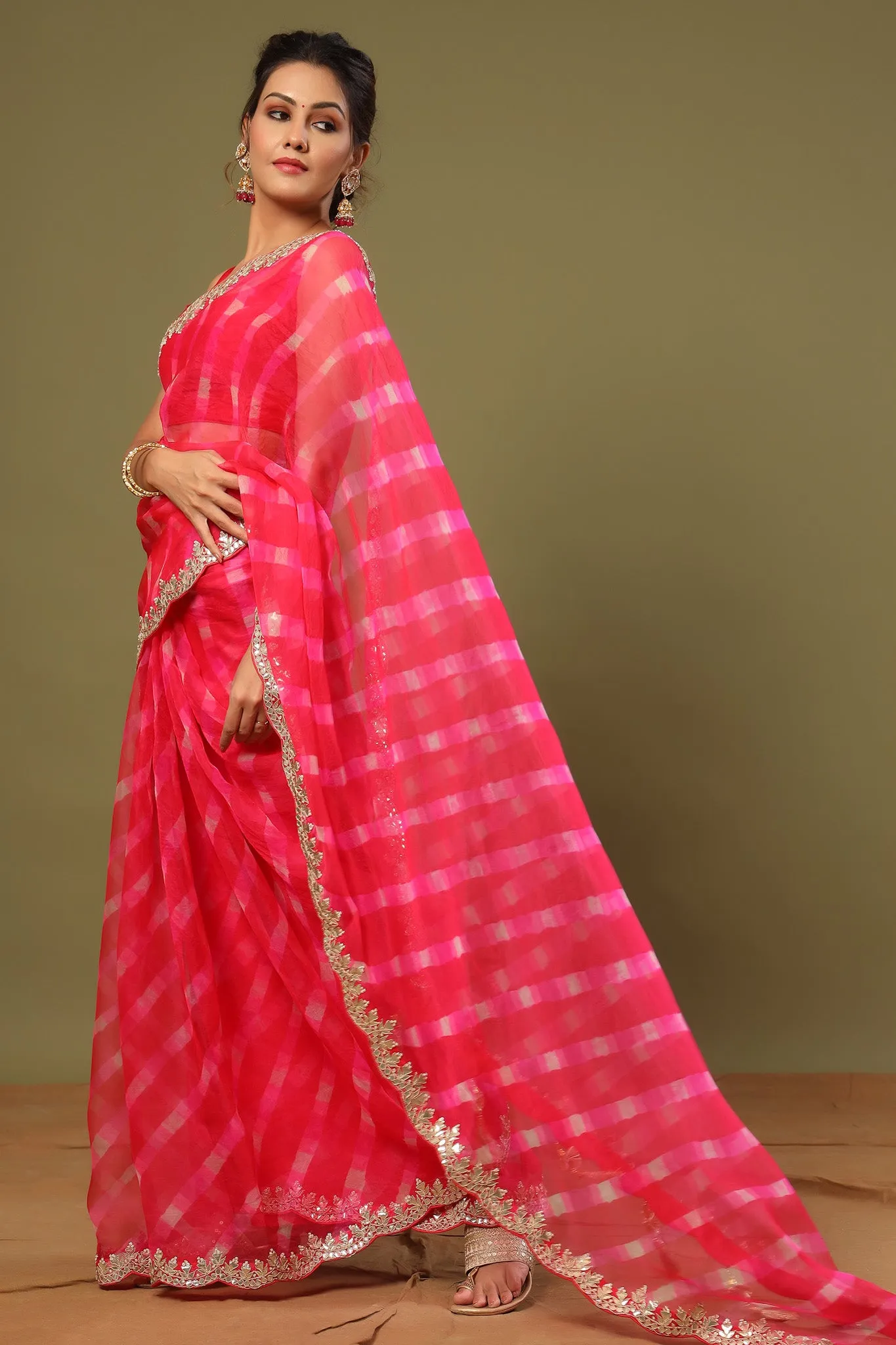 90Z529-RO Rani Pink Organza Silk Saree with Scalloped Border