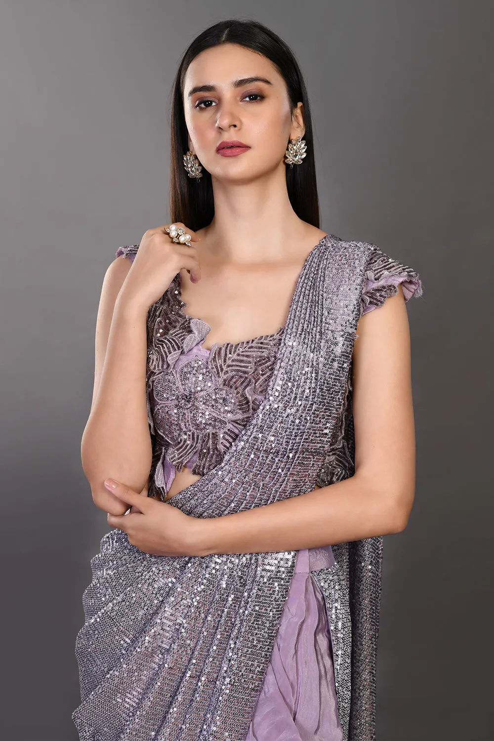 90Z943-RO Lavender Shimmery Crepe Saree Set