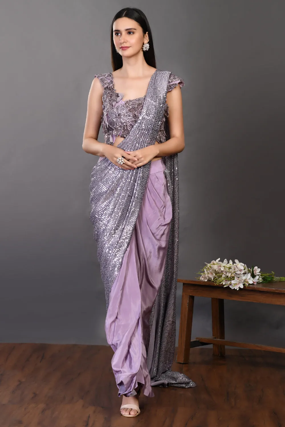 90Z943-RO Lavender Shimmery Crepe Saree Set