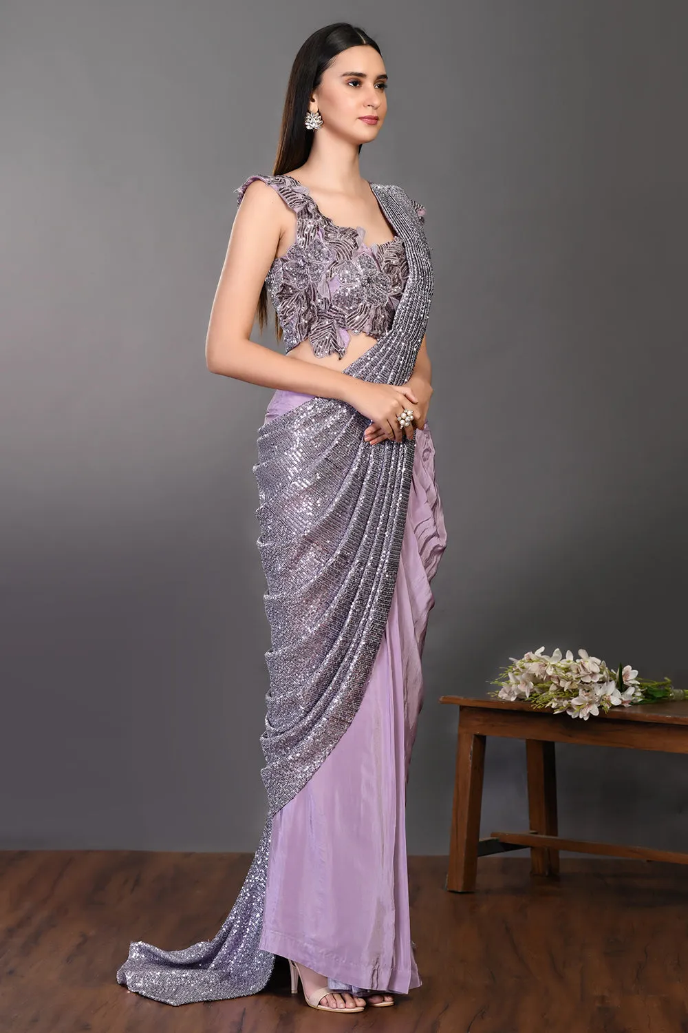 90Z943-RO Lavender Shimmery Crepe Saree Set