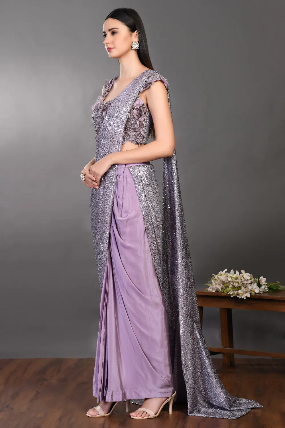 90Z943-RO Lavender Shimmery Crepe Saree Set