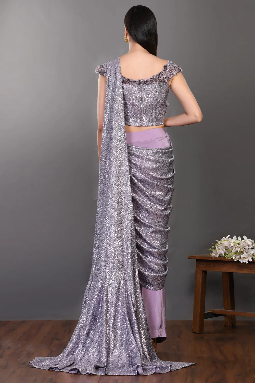 90Z943-RO Lavender Shimmery Crepe Saree Set