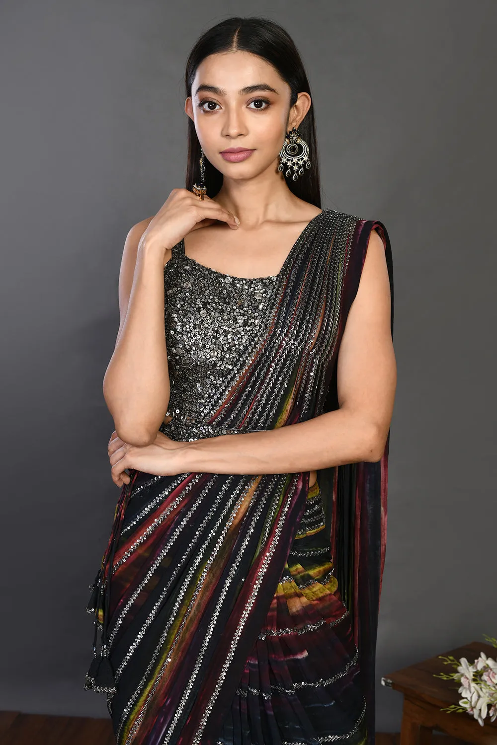 90Z947-RO Black Georgette Drape Saree Set