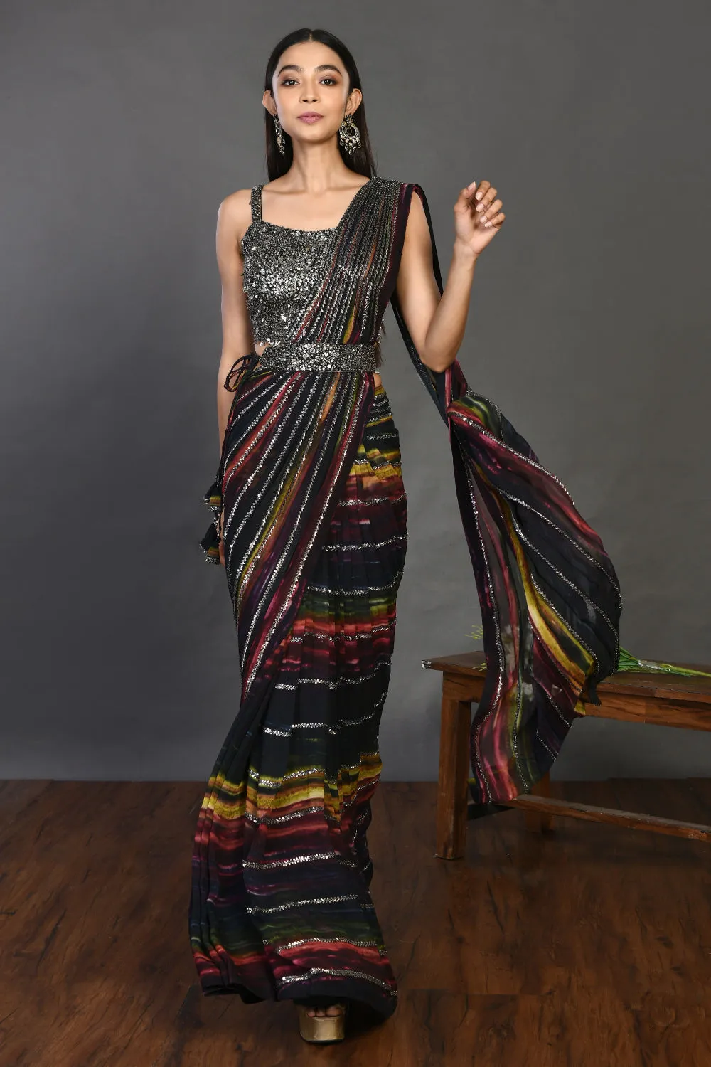 90Z947-RO Black Georgette Drape Saree Set