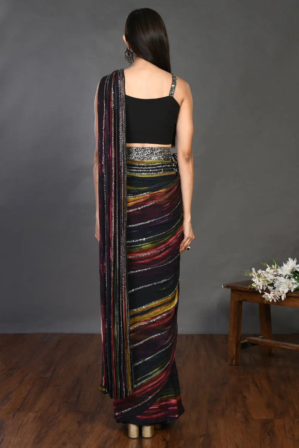 90Z947-RO Black Georgette Drape Saree Set