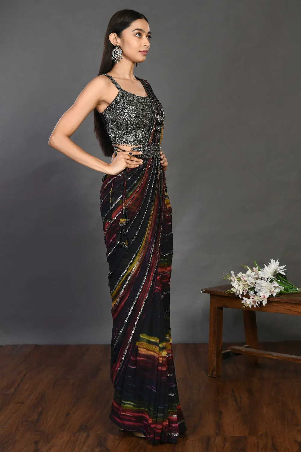 90Z947-RO Black Georgette Drape Saree Set