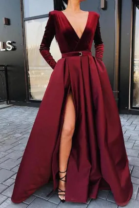 A line Long Sleeve Burgundy Prom Dresses Satin Deep V Neck High Slit Evening Dress