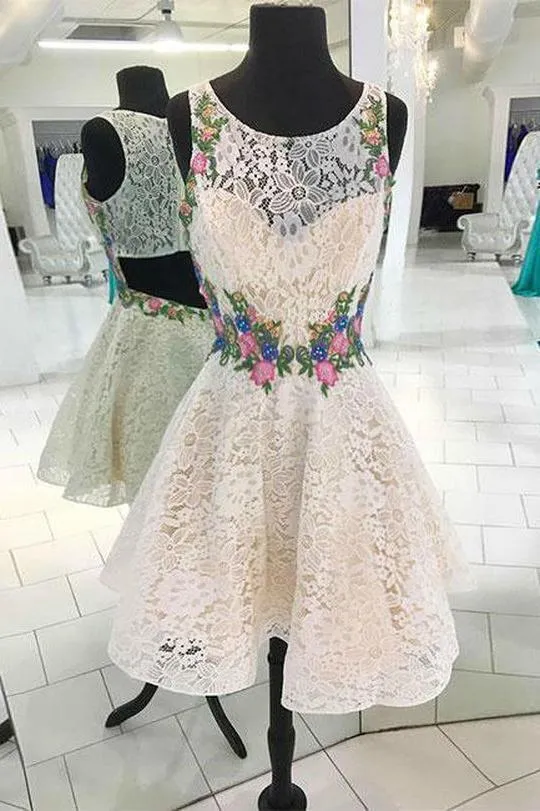 A Line Scoop Lace Sleeveless Open Back Homecoming Dresses Flowers Short Prom Dresses