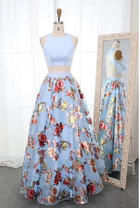 A Line Two Piece Crew Open Back Prom Dresses Light Blue Printed Evening Dresses