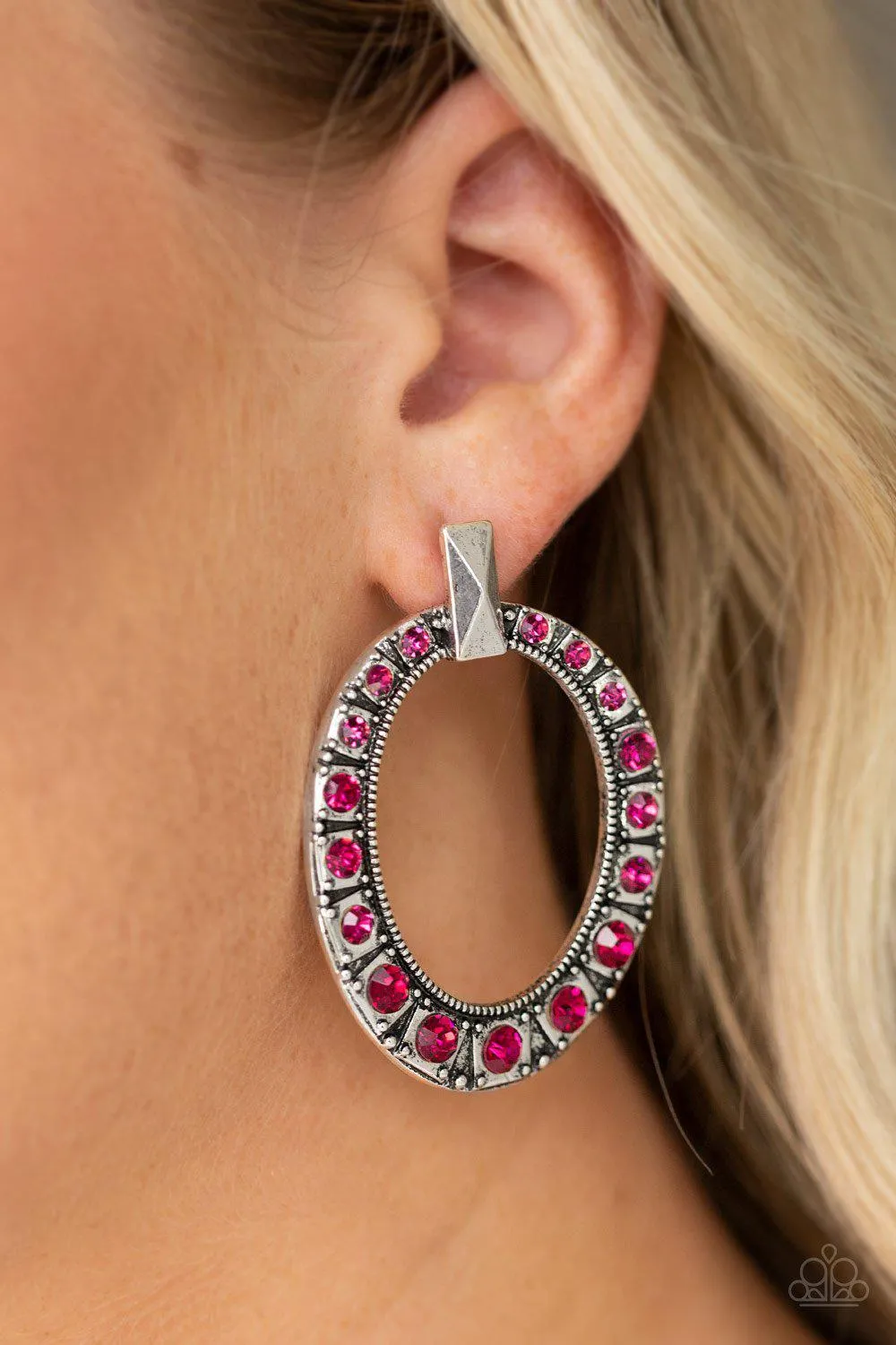 All For GLOW Pink Rhinestone and Silver Earrings - Paparazzi Accessories