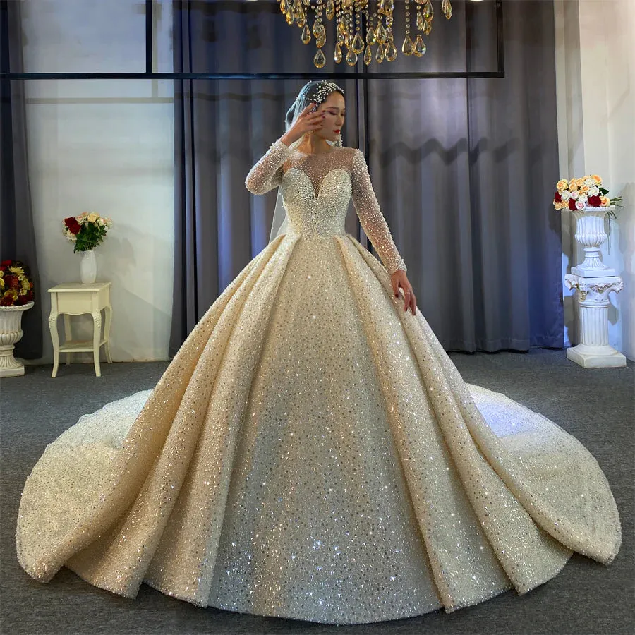 All Pearl Beading Crystal Sparkle Applique Sweetheart Long Train Shiny Low Back Ball Gown Wedding Dress  Obe De Mariée