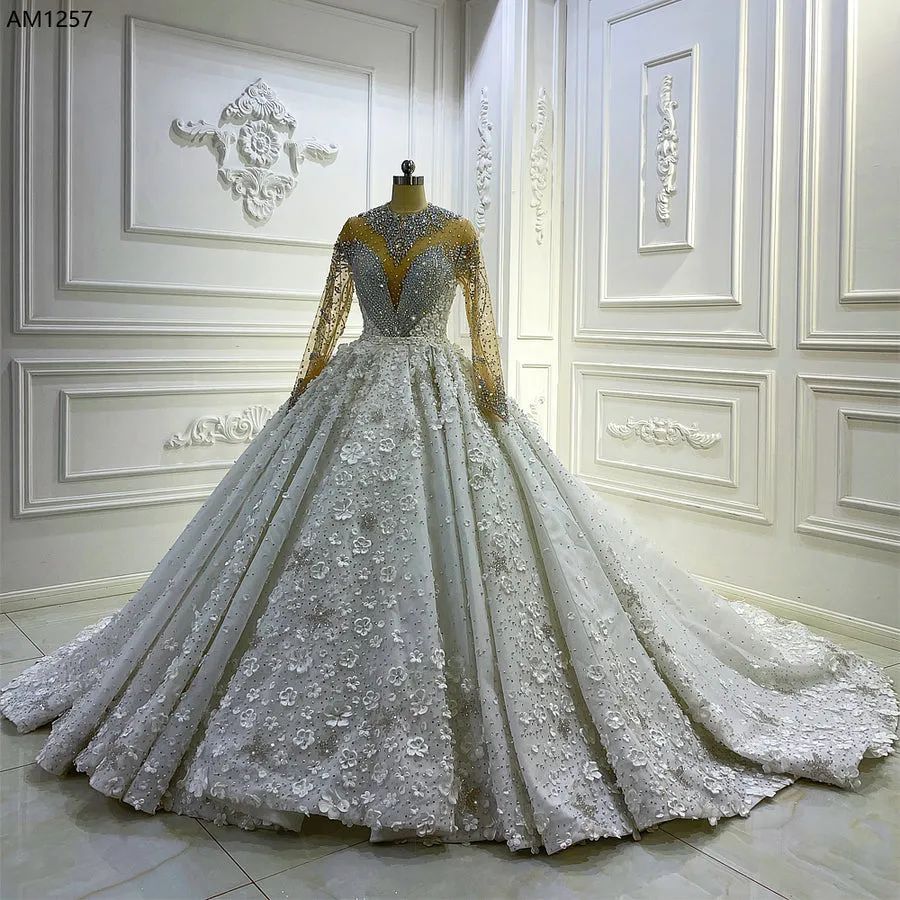 AM1257 Luxury 2 In 1 Rhinestone Crystal 3D Flowers Luxury Wedding Dress