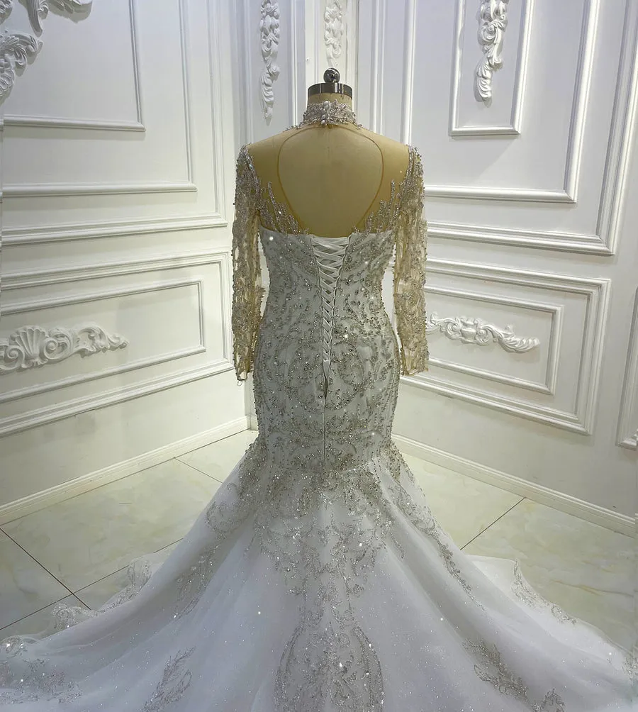 AM1272 Long Sleeve Lace Appliques Mermaid  sequin Appliques Luxury high neck Wedding Dress