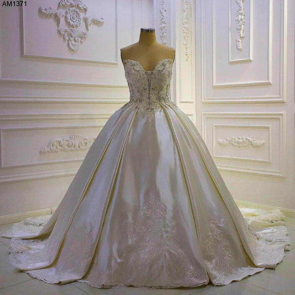 AM1371 Simple Sleeveless V-neck Stain Ball Gown Wedding Dress