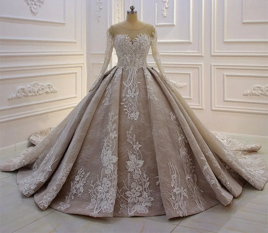 AM178 Long Sleeve Lace Appliqued Pleated Ball Gown Wedding Dress