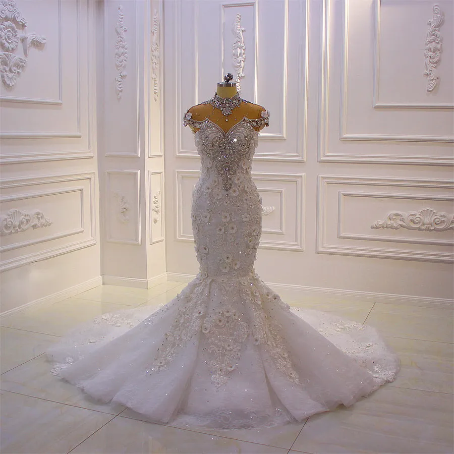 AM210 Luxury High Neck Rhinestone Crystal Flowers Mermaid African Wedding Dress