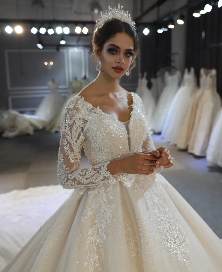 AM401 Long sleeve ball gown lace applique shiny v neck luxury wedding dress