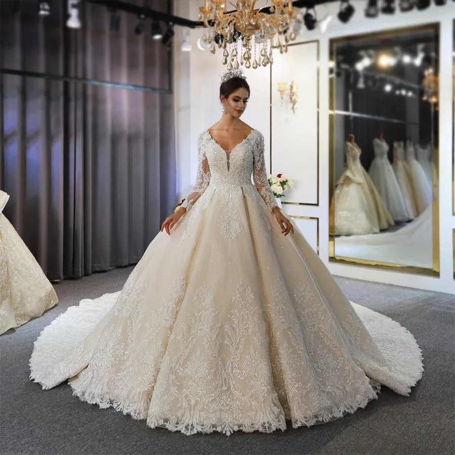 AM401 Long sleeve ball gown lace applique shiny v neck luxury wedding dress