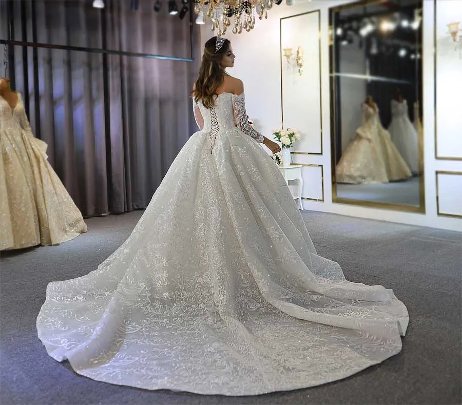 AM415 Off The Shoulder Long Sleeves Beautiful Dress Lace Bridal Dress